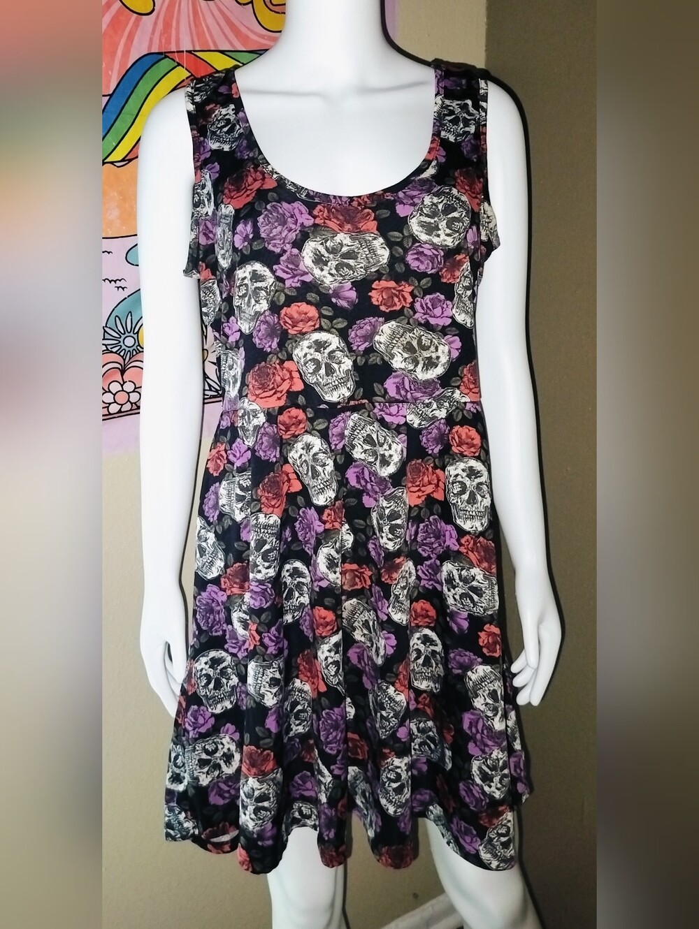 Hot Topic Skulls & Roses Fit & Flare Skater Dress Sz XL